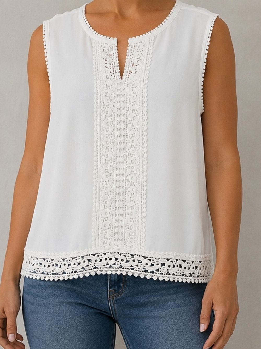 Adrianna Papell White Lace Trim Sleeveless Blouse Sz M Crochet Detail Top Sheer